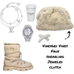 Vineyard Vines Cream Faux Shearling Jeweled Clutch
